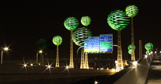 A GROUP OF OUTSTANDING TREE-SHAPED SCULPTURES LIGHTING A ROAD INTERSECTION IN RIYADH, KSA. <br />
